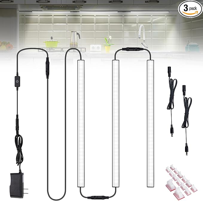 3 Pcs 12 Inch LED Under Cabinet Lighting, Black Shell Under Counter Lighting 6000K Cool White, Dimmable Closet Light, Plug and Play, LED Light Bars for Kitchen Cabinet, Cupboard, Closet, Desk