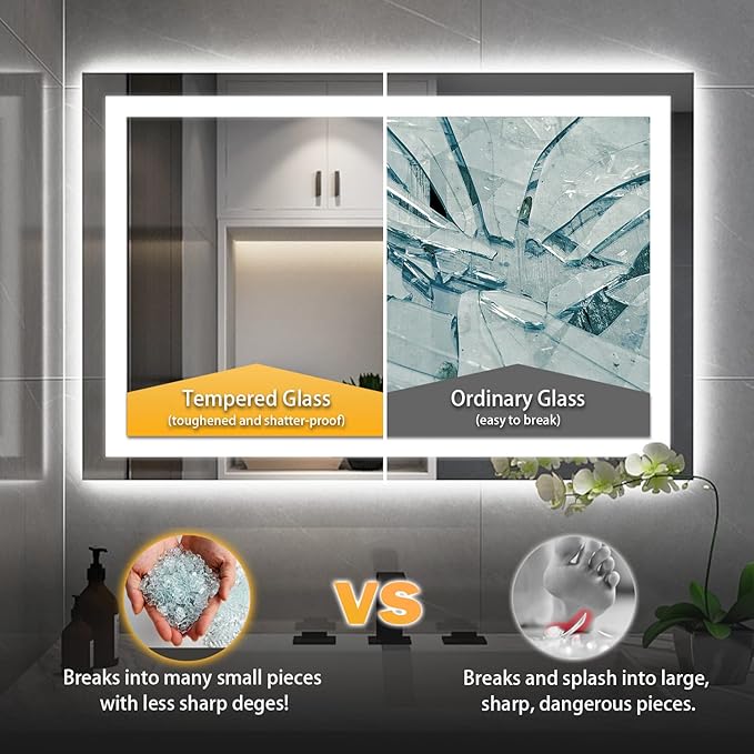 24''x36'' LED Bathroom Mirror with Front + Backlit, Tempered Glass Bathroom Mirror with Lights, Anti-Fog, 3 Colors with Stepless Dimmable Memory Bathroom Vanity Mirror for Wall, Shatterproof