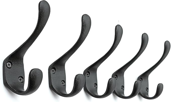 5 Pack Decorative Cast Iron Heavy Duty Double Hooks, Wall Mounted Coat Hooks, Vintage Inspired (Antique Black) (Spoon Hook)