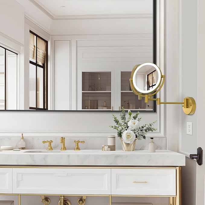 Hardwired Bathroom Makeup Mirror Wall Mount Gold, Double Sided 1/10X Magnifying Make up Mirror with Lights 3 Color & Adjustable Brightness, 360 Swing Arm Shaving Mirror, Brushed Moderne Brass