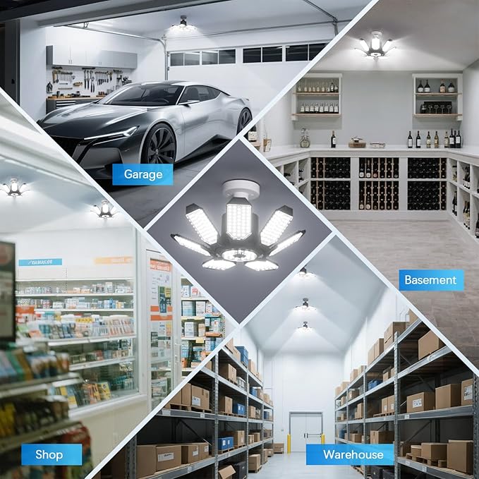 TANBABY 250W LED Garage Lights 2 Pack, Total 30000LM Deformable Best Ceiling Light with 7+1 Panels, E26/E27 Screw in Bulbs for Basement, Attic