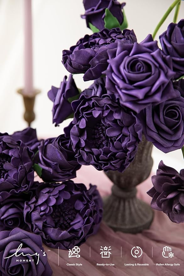 Ling's Moment Artificial Flowers Fake Roses Faux Peony Foam Gardenia Combo for DIY Wedding Bouquets Centerpieces Arrangements Bridal Shower Party Home Decorations, Purple, 23pcs
