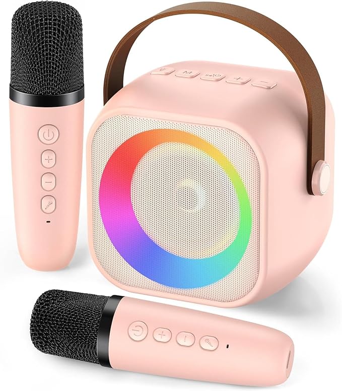 Portable Karaoke Machine with Bluetooth, Party Lights, 2 Wireless Microphones for Adults Kids Karaoke Speaker Birthday Gifts for Girls Boys Family Home Party (Pink 2 Mics)