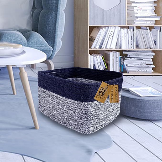 COMFY-HOMI Rectangular Cotton Rope Basket With Handles for Shelves|Dog Toy|Baby Gift - Dark Blue (13.5" x 11" x 9.5")