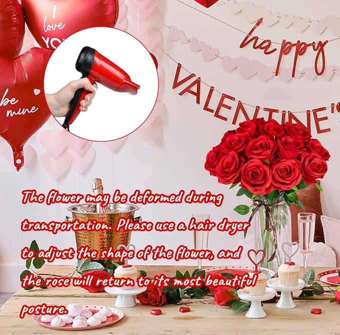 Ouddy Decor 20 Pcs Red Roses Artificial Silk Flowers Fake Roses Bouquet with Long Stems for Valentines Day Decor Wedding Home Party Table Centerpieces Bridal Bouquet DIY Floral Arrangment, Red