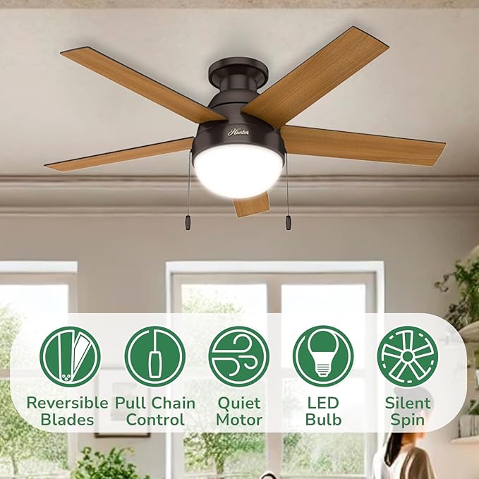 Hunter 59268 Anslee Indoor Low Profile Ceiling Fan with LED Light and Pull Chain Control, 46", Brown