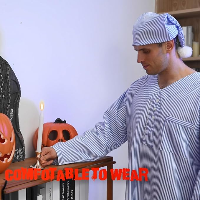Toulite 4 Pcs Men's Pajama Set Includes Men's Nightshirt Night Sleeping Cap Candle Holder and Candle for Halloween Christmas(X-Large)