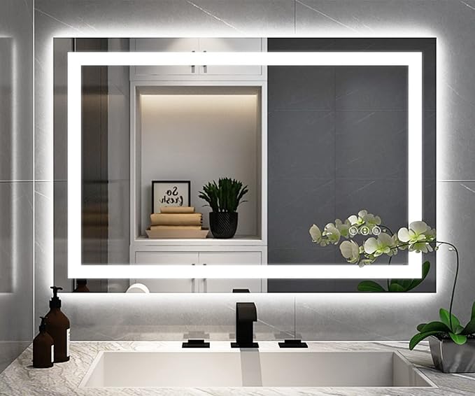 24''x36'' LED Bathroom Mirror with Front + Backlit, Tempered Glass Bathroom Mirror with Lights, Anti-Fog, 3 Colors with Stepless Dimmable Memory Bathroom Vanity Mirror for Wall, Shatterproof