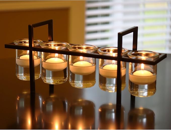 Seraphic 5-Cup Rustic Modern Floating Candle Holder Table Centerpiece Decoration for Dining Room, Kitchen, Patio, Weddings, Metal Iron with Glass Cups, 16" Long