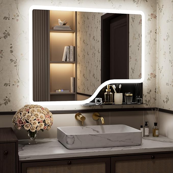 40"x 32" LED Bathroom Mirror with Shelf, Wall-Mounted Backlit Vanity Mirror with Lights, Smart Bathroom Mirror with 3 Colors, Anti-Fog, Stepless Dimmable, Memory (UL, ETL)