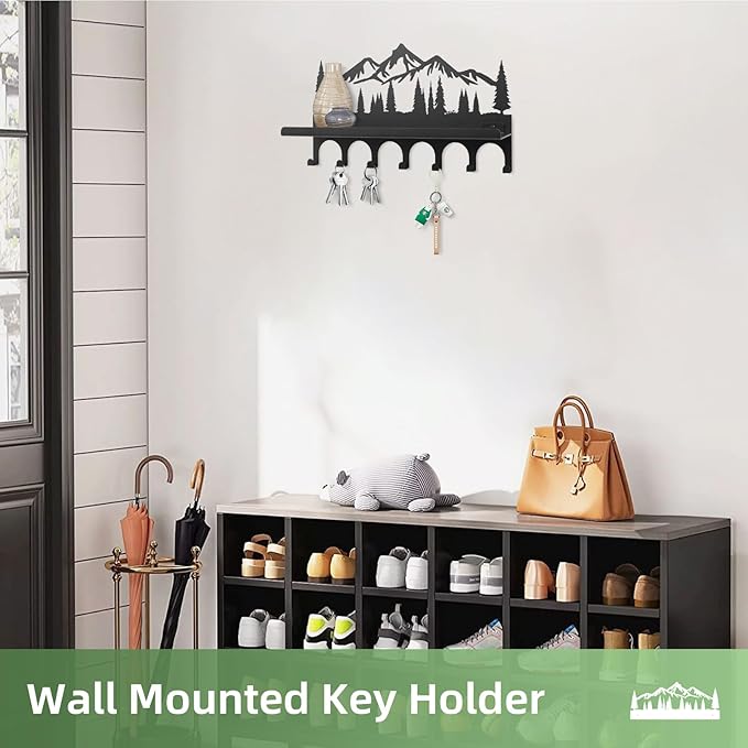Wall Mounted Mountain Key & Mail Holder with Shelf | Metal Key Organizer with 2 in 1 Key Hooks for Entryway, Hallway, Office