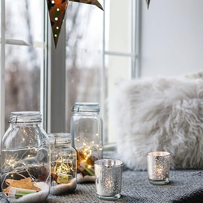 LETINE Silver Votive Candle Holders Set of 36 - Speckled Mercury Silver Glass Candle Holder Bulk - Ideal for Halloween & Thanksgiving Decorations Indoor，Wedding Centerpieces，Home Decor