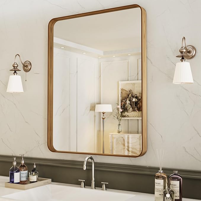 LOAAO 24X36 Inch Bathroom Mirror with Wood Grain Colored Metal Frame, Rounded Rectangle Metal Framed Bathroom Mirror, Anti-Rust, Hangs Horizontally or Vertically