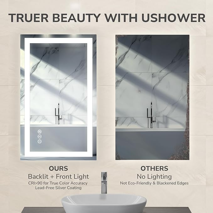 USHOWER LED Bathroom Mirror 28x36 Inch with Lights - Frameless Tempered Glass LED Backlit Lighted Mirror for Bathroom Vanity with Anti-Fog, 3 Colors Dimmable, Memory Function, Wall-Mounted