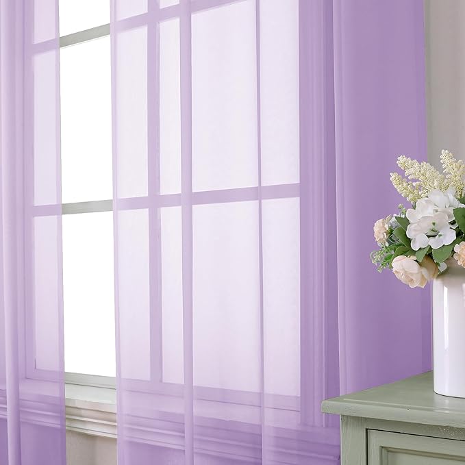 Aiyufeng Light Purple Sheer Curtain Panels Pair Sold 63 Inch Length, Light Filtering Window Curtain Drapes Treatment for Kitchen, Bedroom/Children Room, Voile Top Dual Rod Pocket, 2 Pack of 42 x 63"