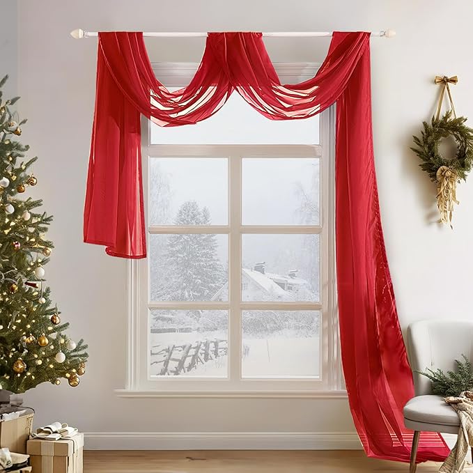 MIULEE Christmas Sheer Window Scarf Valance Extra Long Topper Elegant Swag Curtains Luxury Draping Fabric for Wedding Arch Party Ceremony Canopy Bed Living Room, 37'' x 216'', 1 Panel Red
