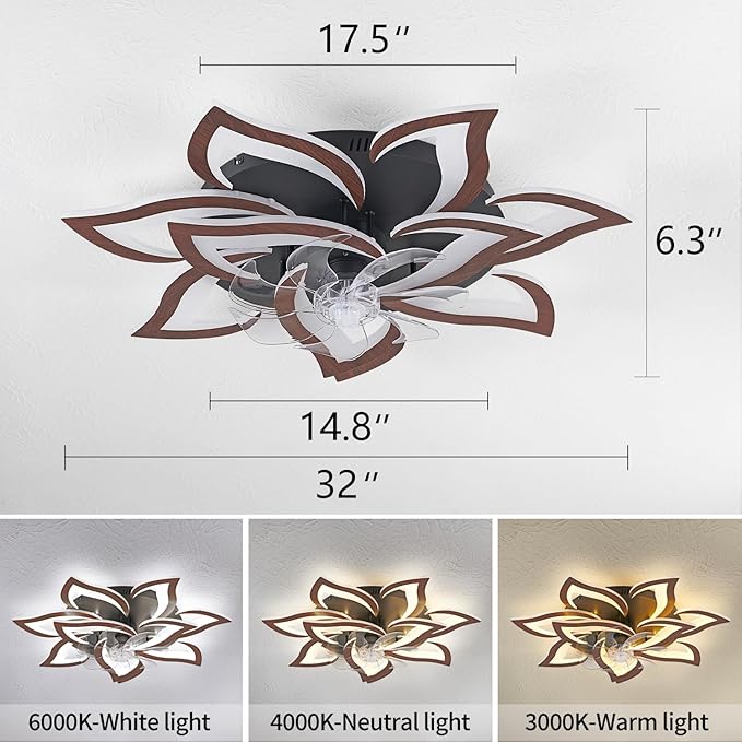 Modern Ceiling Fan with Lights Remote Control, 32" Wood Ceiling Fan with Light, 6 Speeds 3 Light Color Low Profile Flush Mount Ceiling Fan for Kitchen Bedroom