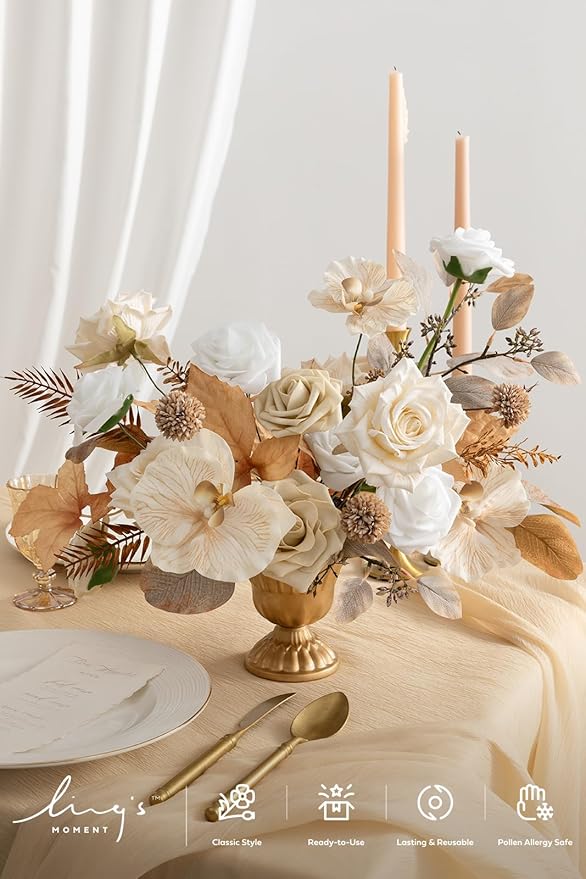Ling's moment Artificial Flowers Fake Silk Orchid Faux Foam Roses Combo for DIY Wedding Bouquets Centerpieces Arrangements Bridal Shower Party Home Decorations, Tawny Beige & Sand Beige, 21pcs