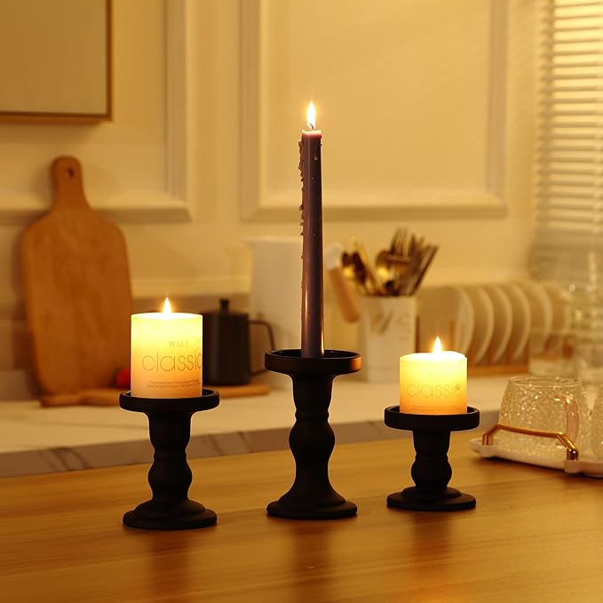 GMWD 3 Pcs Black Glass Candle Holder Set Clear, Candlesticks Holders Pillar Taper Candles Tealight Stand for Wedding Centerpieces Home Decorations Dining Table