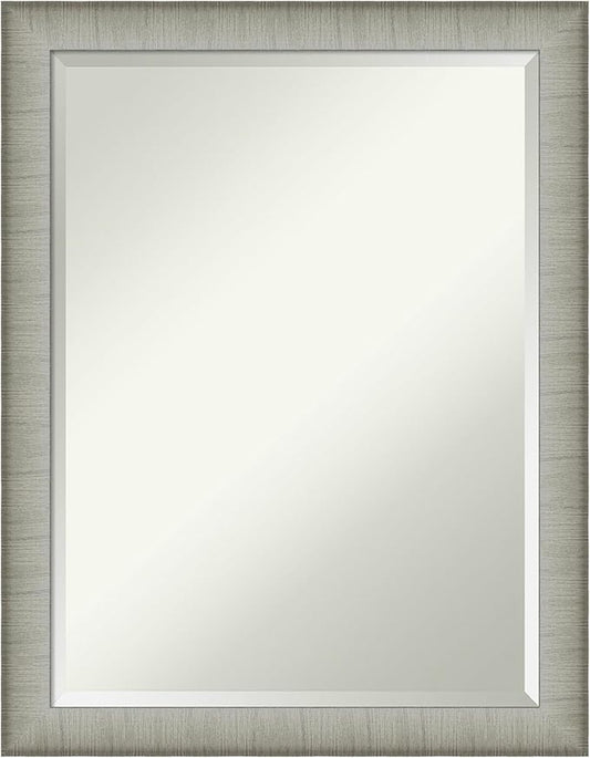 Amanti Art Silver Bathroom Mirror for Over Sink, 27x21 Elegant Brushed Pewter Narrow Rectangle Vanity Mirror, Medium Casual Frame, Hangs Horizonally and Vertically, Bathroom Wall Decor, Beveled Edge