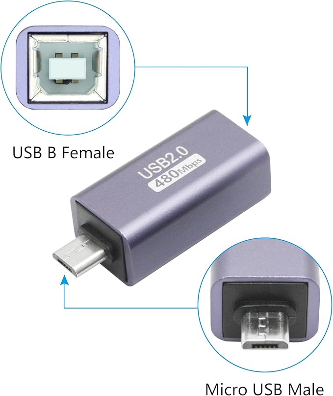 USB 2.0 B Type Connector Adapter, Micro USB Male to USB B (MIDI) Female Power and Data Extension Adapter, Aluminum Alloy Housing, for Electronic Piano, Printer, Scanner etc, 2Pcs