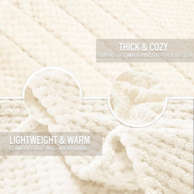 Exclusivo Mezcla Fleece Bed Blanket Queen Size, Super Soft and Warm Blankets for Couch, Sofa and Bed Waffle Textured, Cozy, Fuzzy and Lightweight (Ivory, 90x90 Inches)