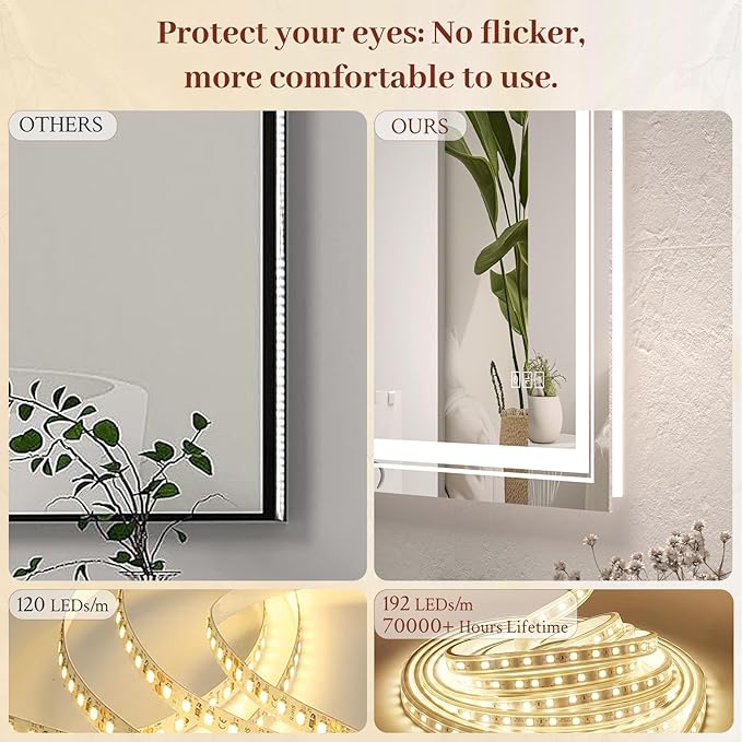40x30 LED Mirror for Bathroom with Front and Backlit Light Up Digital Mirrors for Wall,Anti Fog,Stepless Dimmable,Tempered Silver Glass Smart Vanity Mirror for Bathroom