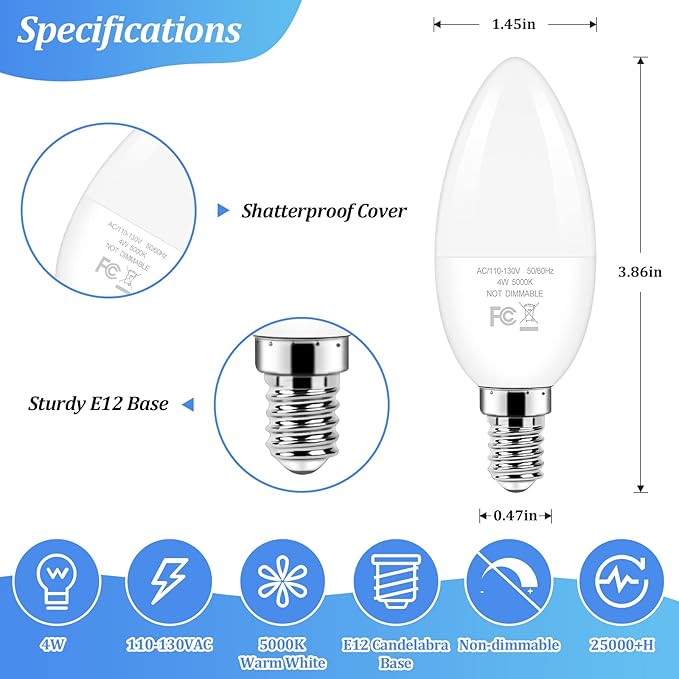 Brightever E12 Candelabra LED Light Bulbs 40W Equivalent, 4W Small Candle Light Bulbs Daylight White 5000K, Type B Ceiling Fan Lightbulbs for Chandelier, Table Lamps, Non-Dimmable, Pack of 12