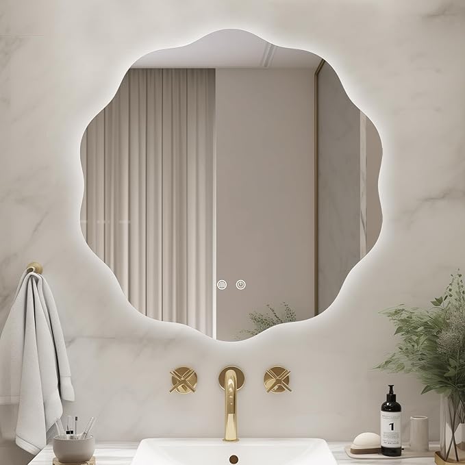 WallBeyond LED Bathroom Mirror with Lights, 24'' Wavy Round Light Up Bathroom Mirror, Anti Fog Led Mirror for Bathroom, 3 Colors and Dimmable Light