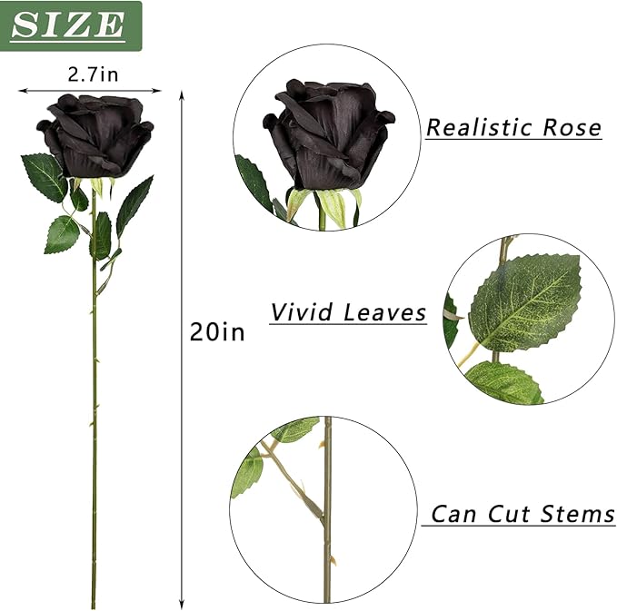 FOTEEWL 60 Pcs Artificial Rose Flower Realistic Faux Silk Roses Stem Fake Roses Bouquet for Flower Arrangement,Wedding Centerpieces,Party,Home Decor,Halloween Decorations (Black)