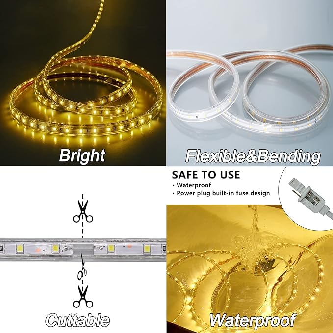 150ft Flat Outdoor Rope Lights Waterproof: 110V Cool Warm White LED Strip Light - Cuttable Connectable Lights for Deck Patio Stairs Backyards Commercial Decor Lighting, Not Tube Rope