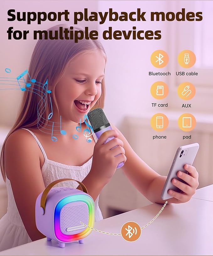 Mini Karaoke Machine Speaker for Kids Adults, Portable Bluetooth with 2 Wireless Microphones, Children's Day Birthday Gift Ideas for Toys for Teens Boys and Girls Aged 4, 5, 6, 7, 8, 9, 10, 11, 12+