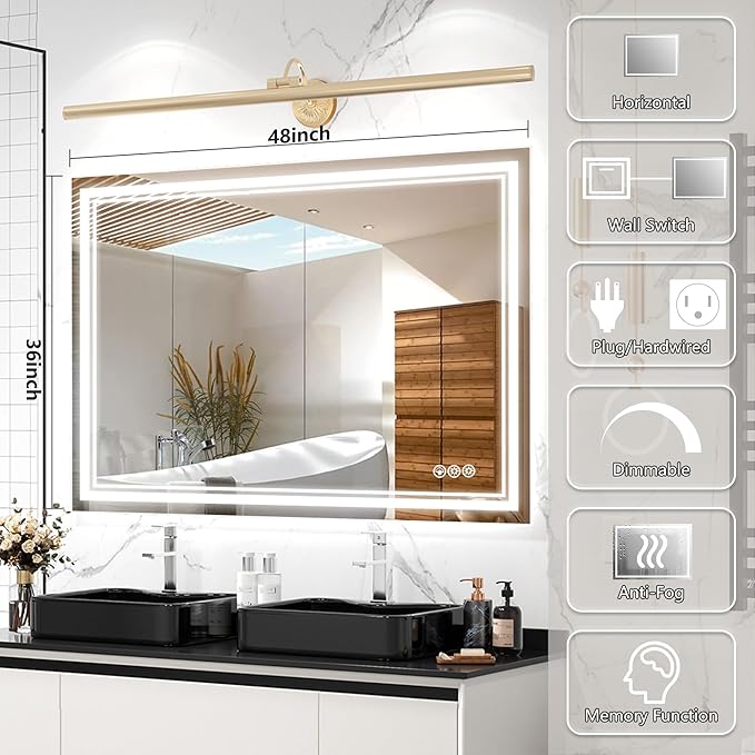 48x36 Inch Led Mirror for Bathroom with Front Light and Backlit, Dimmable Anti Fog Wall Bathroom Mirror with Led Lights, Water Proof, Decor Vanity Mirror