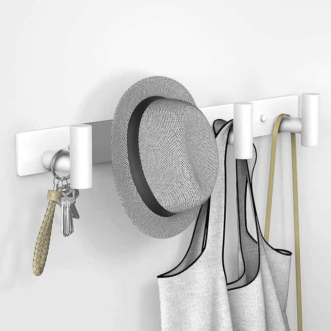 VAEHOLD Hat and Coat Wall Mount Rack - Hooks for Robes, Bags, Keys, and Towels - Bathroom Towel Hanger Organizer (White, “T“ Shape 4 Hooks 2 Pack)