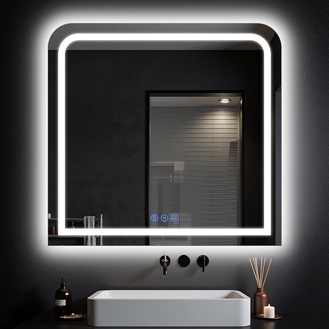 LED Bathroom Mirror, 36"x 36" LED Mirror with Lights for Bathroom, Lighted Vanity Mirrors for Wall, Anti-Fog, Dimmable, Tempered Glass, Memory Function, 3 Colors, Safe Use (White)