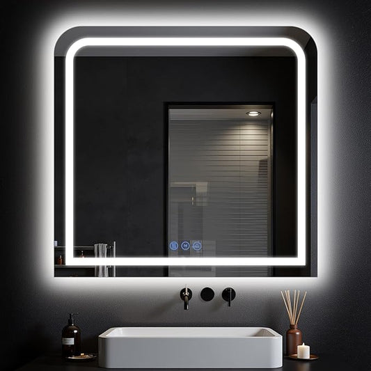 LED Bathroom Mirror, 36"x 36" LED Mirror with Lights for Bathroom, Lighted Vanity Mirrors for Wall, Anti-Fog, Dimmable, Tempered Glass, Memory Function, 3 Colors, Safe Use (White)