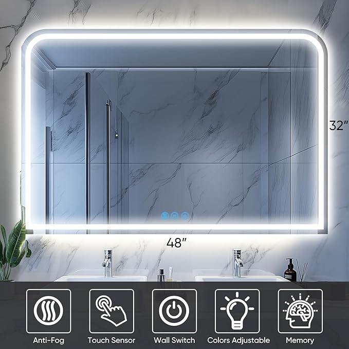 LED Bathroom Mirror, 48"x 32" LED Mirror with Lights for Bathroom, Lighted Vanity Mirrors for Wall, Anti-Fog, Dimmable, Tempered Glass, Memory Function, 3 Colors, Safe Use (White)