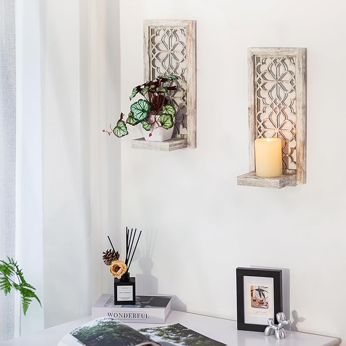 Wood Small Wall Shelves for Candle - Decorative Farmhouse Floating Shelf Candle Sconces for Wall Decor - Rustic Carved Floating Shelf Wooden Shelving for Bathroom Bedroom