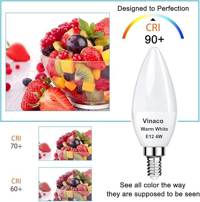 Vinaco 2 Pack E12 LED Candelabra Bulb, 400LM 4W 3000K Warm White, High Brightness, Long Lifespan, Energy Efficient, Flicker-Free, Great for Ceiling Fan Light Bulb