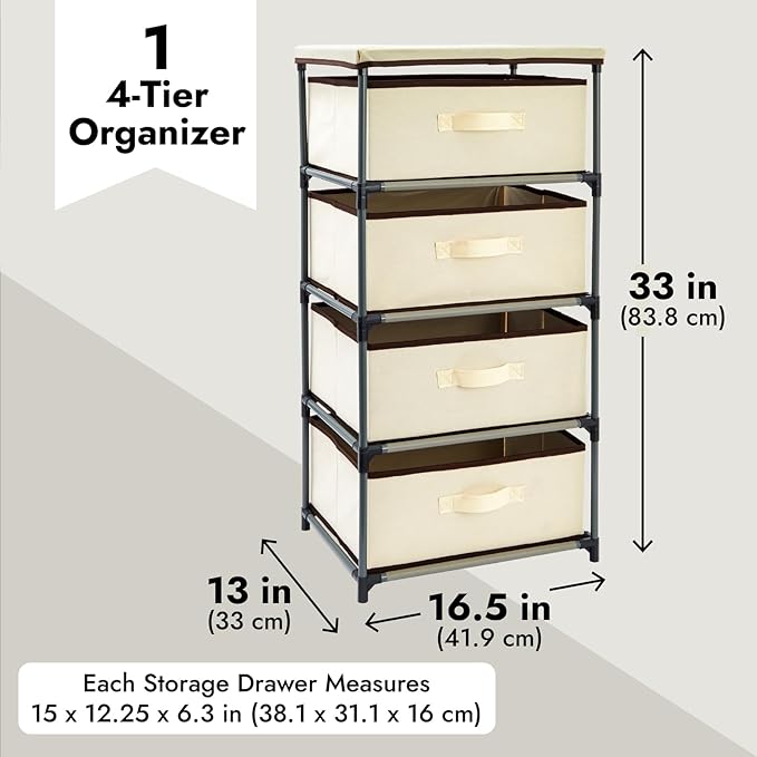 Juvale 4-Tier Dresser for Bedroom - 16.5 in L x 13 in W x 33 in H, Beige, Metal & Fabric - Freestanding Closet Organizer with Fabric Storage Drawers - Narrow Dresser & Cabinet with Drawers