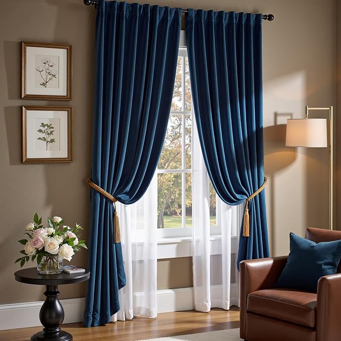 Lazzzy Velvet Blackout Curtains Thermal Insulated Room Window Drapes Super Soft Luxury Curtains for Living Room Bedroom Rod Pocket 2 Panels, Dark Blue, 52" W x 102" L