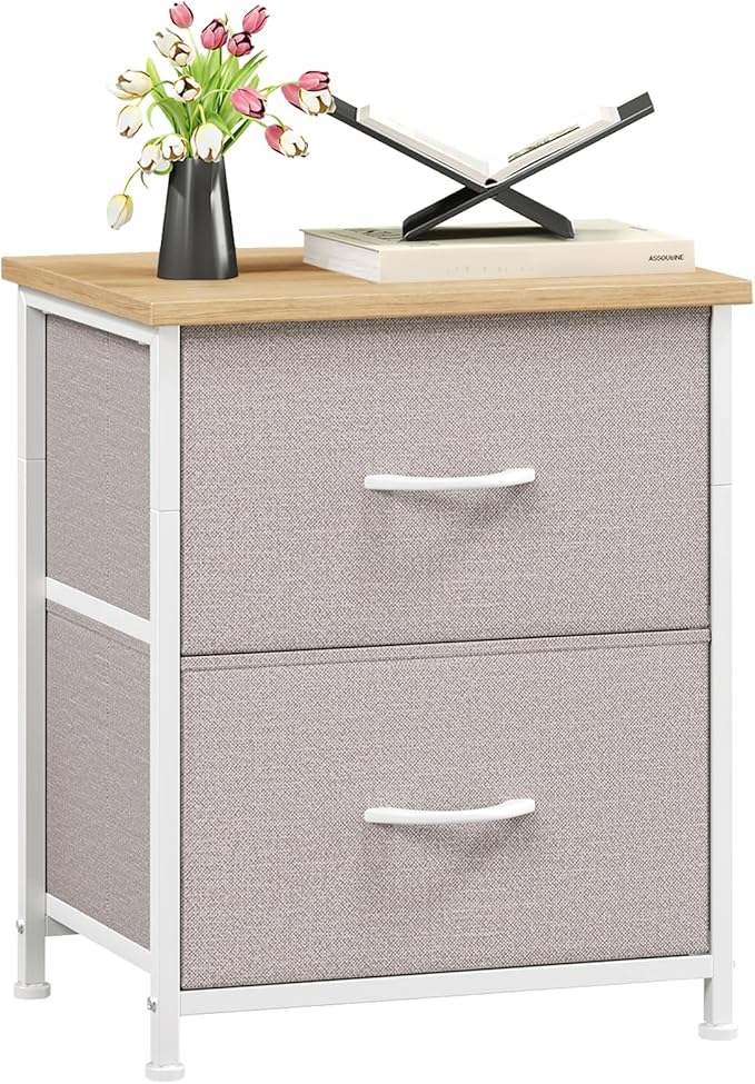 Somdot Nightstand with 2 Drawers, Bedside Table Small Dresser with Removable Fabric Bins for Bedroom Nursery Closet Living Room - Sturdy Steel Frame, Wood Top, Pull Handle - Ash Grey