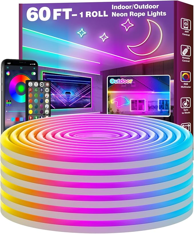 FBZ 60Ft Led Rope Lights, Flexible Neon Lights Control with App/Remote, Multiple Modes, IP65 Outdoor RGB Waterproof, Music Sync Gaming Light Strip for Bedroom Decor