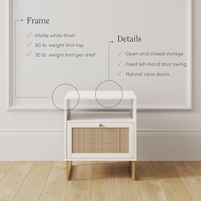 Nathan James Mina Side, End or Accent Table in a Matte White Finish & Brass Gold Legs with Natural Rattan Storage Door for Living Room or Nightstand for Bedroom, White/Gold, Set of 2