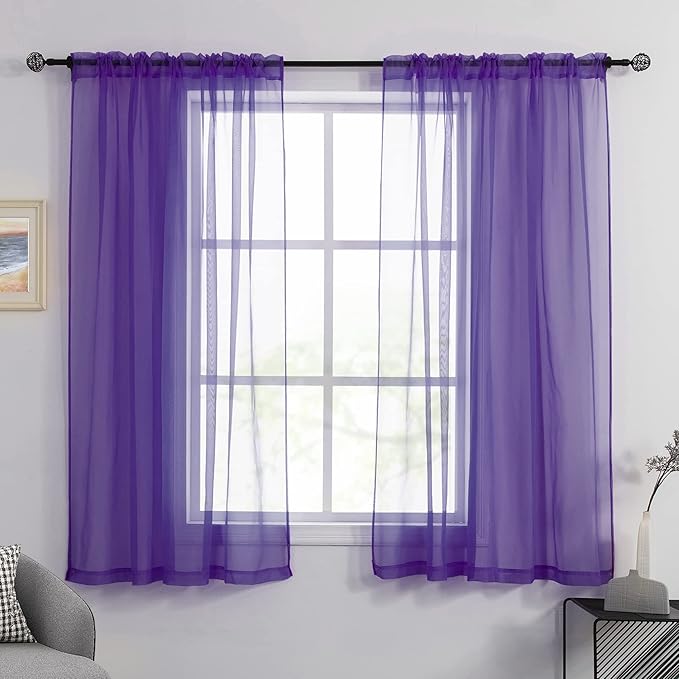 HUTO Short Purple Sheer Curtains 45 Inch Length for Girls Room Rod Pocket Sheer Window Drapes for Kitchen Bedroom Bathroom,Purple 2 Panels