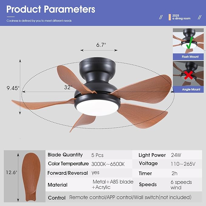 32 Inch Modern Ceiling Fans with Lights, Small Flush Mount Ceiling Fan with Light and Remote/APP Control, 5 Reversible 6 Speeds Curved Blades, 3 CCT Dimmable Lights for Kids Room, Brown