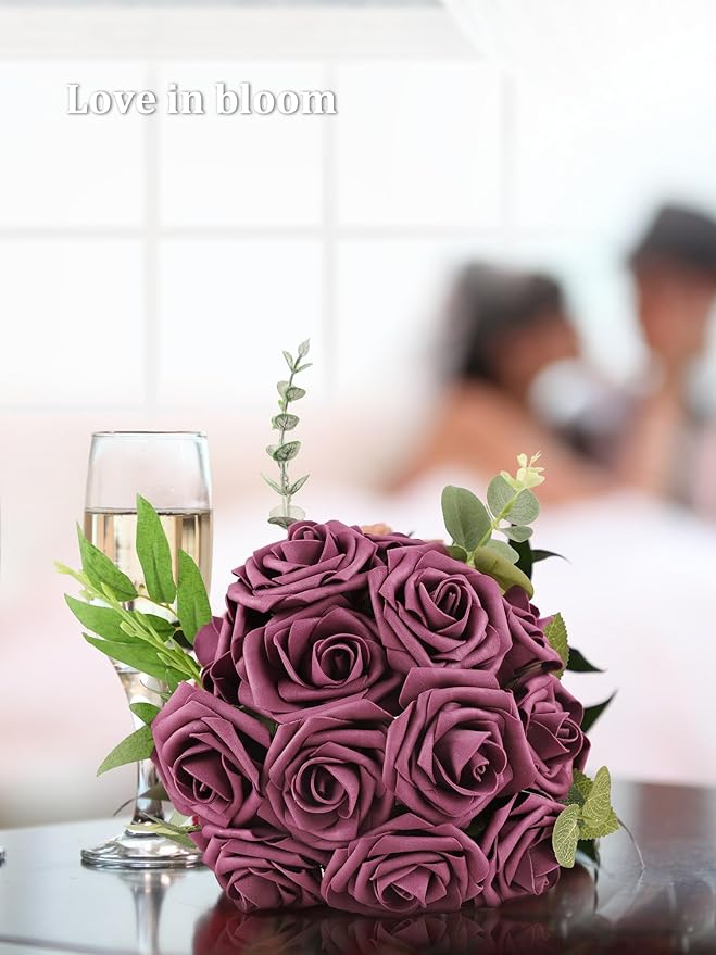 MACTING Artificial Flower Roses 30PCS Real Touch Fake Flowers with Stem Plum Purple Foam Roses for DIY Wedding Bouquet Party Table Centerpieces Baby Shower Holiday Home Spring Mothers Day Decorations