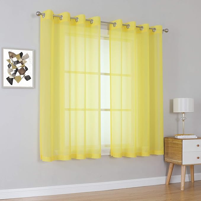 KEQIAOSUOCAI Vibrant Yellow Sheer Voile Window Treatment Grommet Top Curtain Panels for Bedroom and Living Room (54 x 63 inches Long, Set of 2)