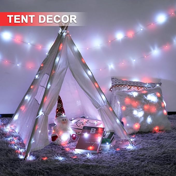 JMEXSUSS 2 Pack Red and White Fairy Lights Battery Operated, Total 200LED 66ft Red and White Christmas Lights with Remote, 8 Modes Battery Powered Twinkle Lights for Bedroom Christmas Tree Decor