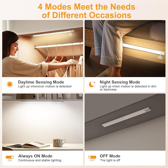 Gritin 14.7inch Under Cabinet Lighting Rechargeable - 128 LED Super Bright, 3-Color&5 Level Brightness, 4 Modes, Motion Sensor, Long Lasting-Easy Installation Magnetic Closet Lights - 2 Pack-Silver